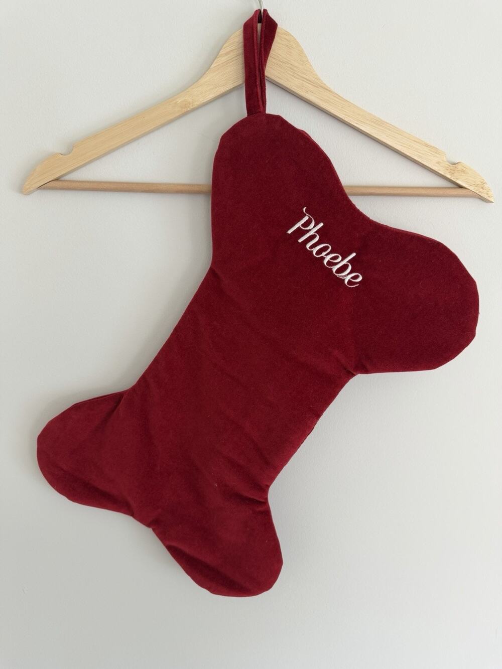 Pottery Barn Classic Velvet Bone Pet Christmas Stocking Red Monogram “Phoebe” OB